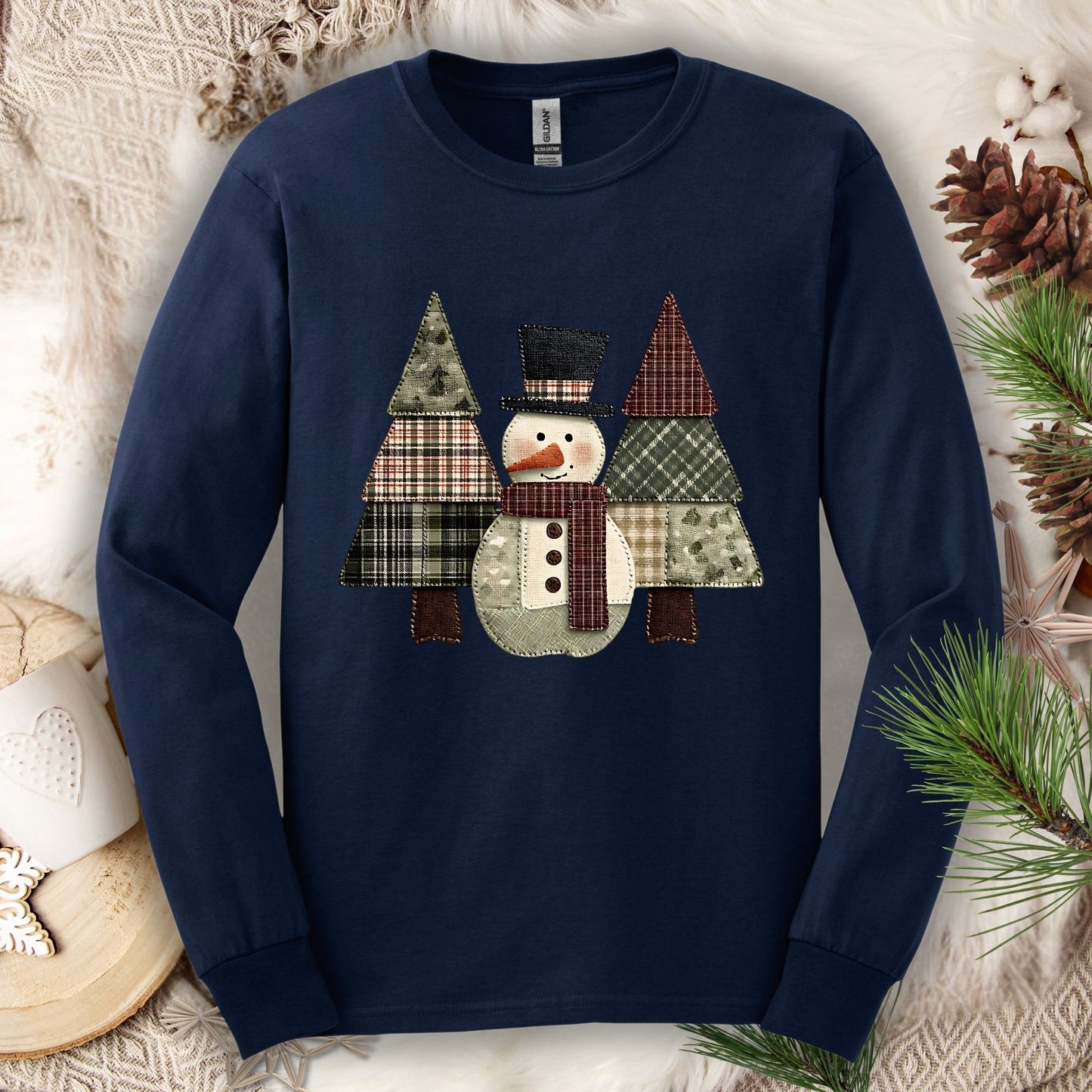 Faux Patchwork Snowman & Trees Long Sleeve Tee