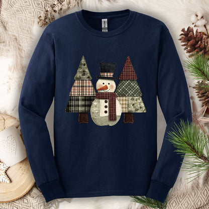 Faux Patchwork Snowman & Trees Long Sleeve Tee