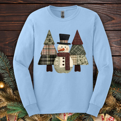 Faux Patchwork Snowman & Trees Long Sleeve Tee