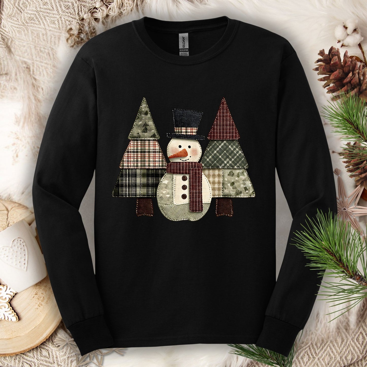 Faux Patchwork Snowman & Trees Long Sleeve Tee
