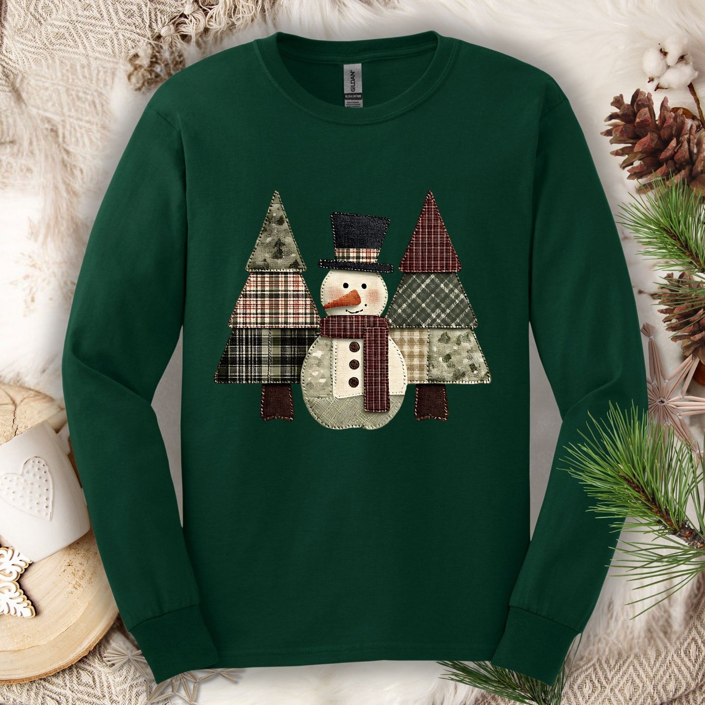 Faux Patchwork Snowman & Trees Long Sleeve Tee