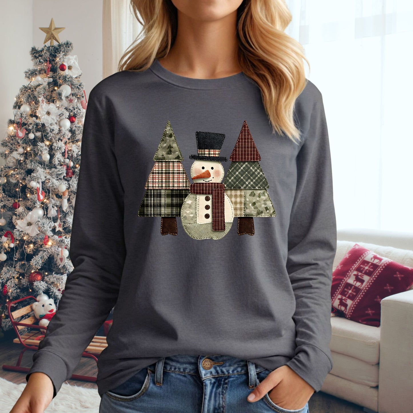 Faux Patchwork Snowman & Trees Long Sleeve Tee