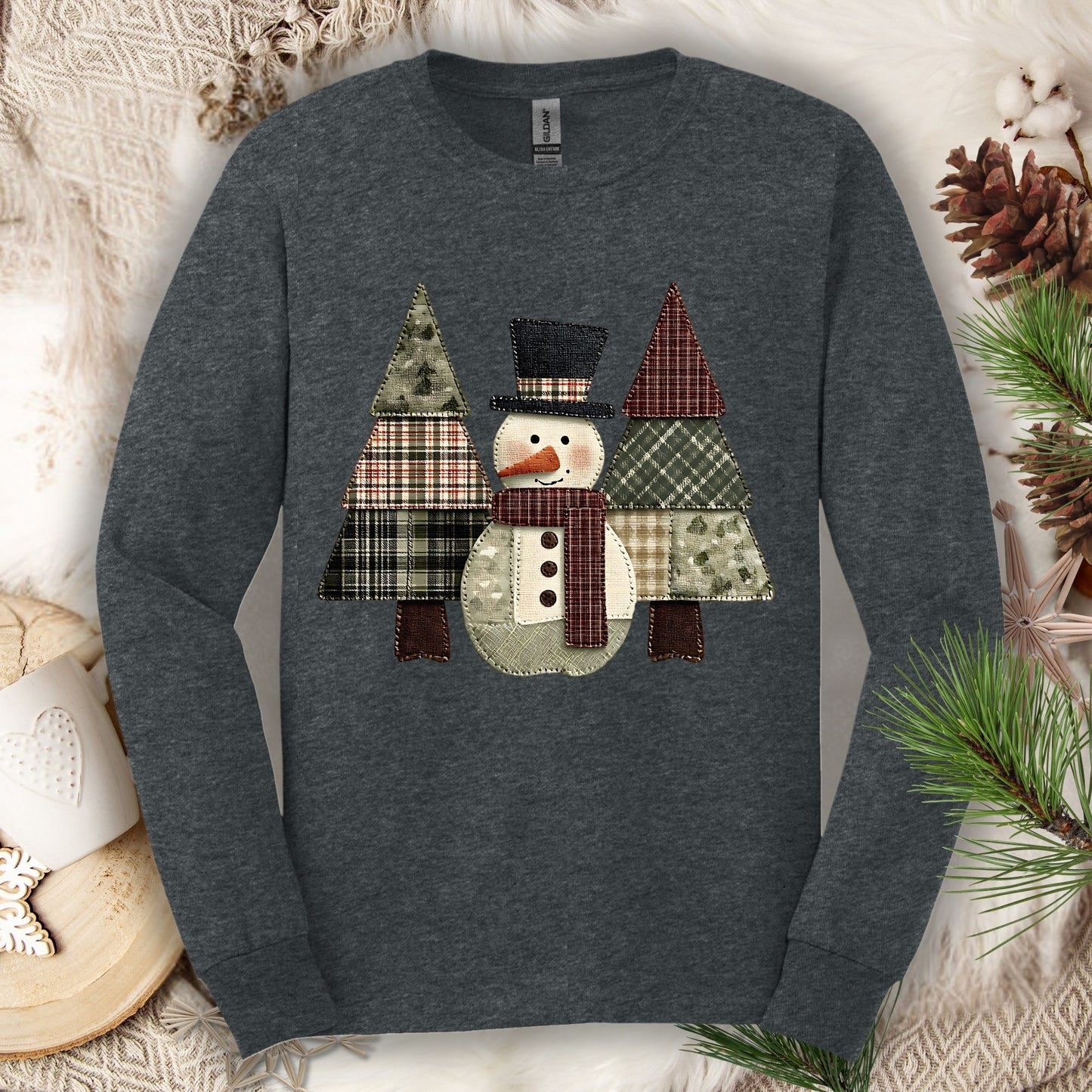Faux Patchwork Snowman & Trees Long Sleeve Tee