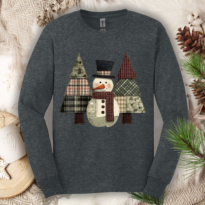 Faux Patchwork Snowman & Trees Long Sleeve Tee