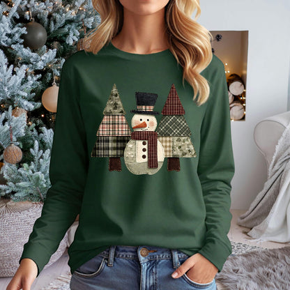 Faux Patchwork Snowman & Trees Long Sleeve Tee