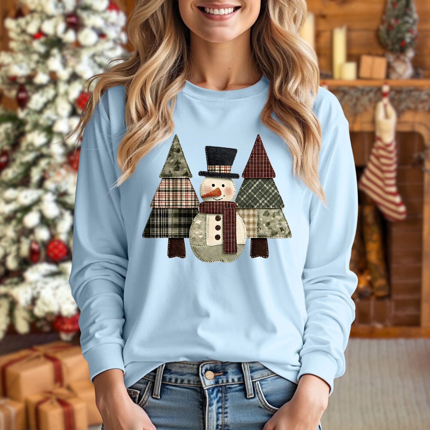 Faux Patchwork Snowman & Trees Long Sleeve Tee