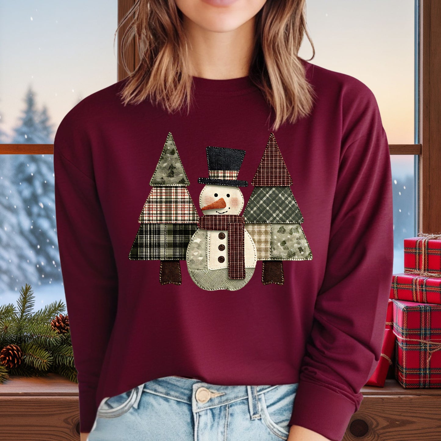 Faux Patchwork Snowman & Trees Long Sleeve Tee