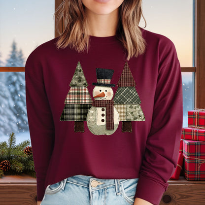 Faux Patchwork Snowman & Trees Long Sleeve Tee
