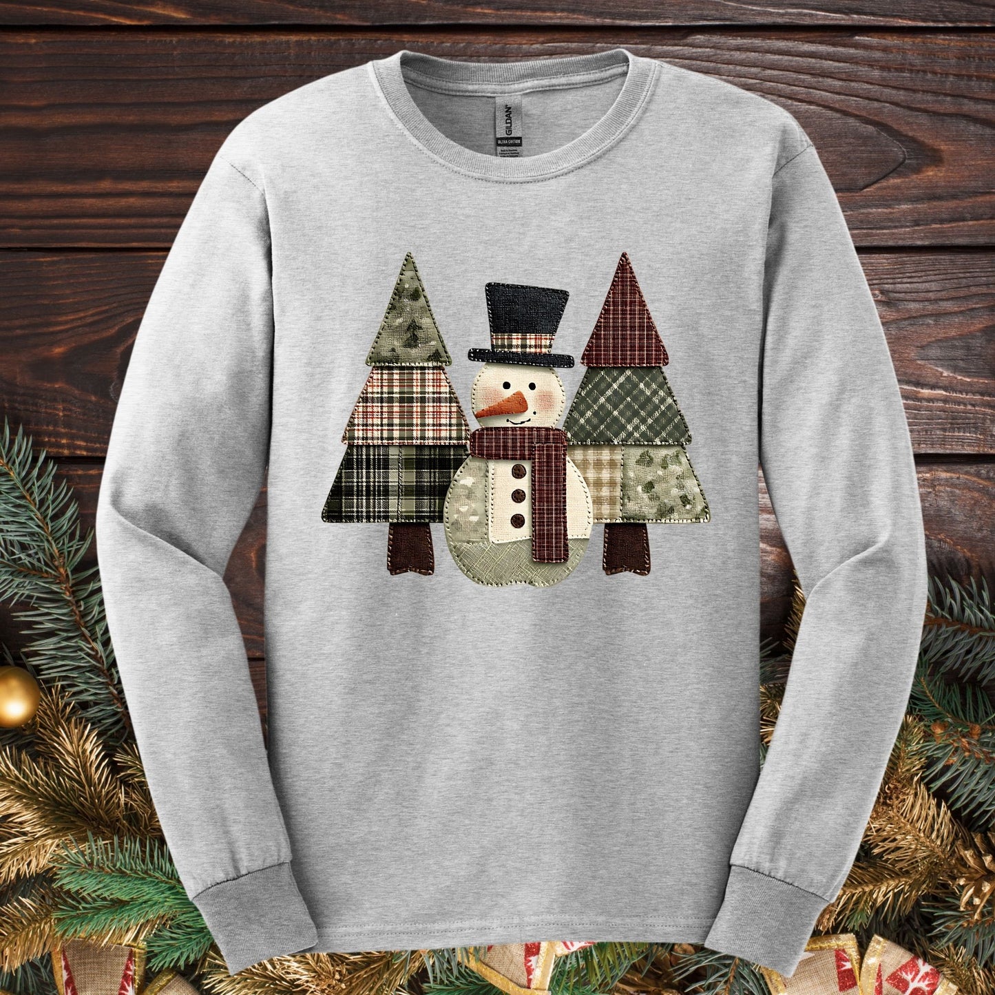 Faux Patchwork Snowman & Trees Long Sleeve Tee