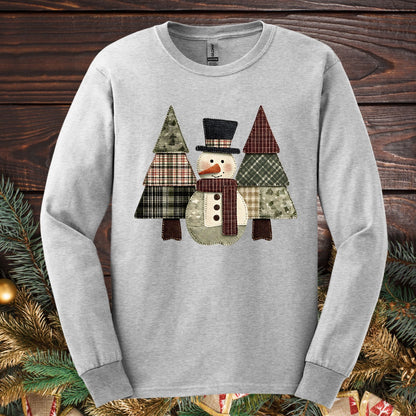 Faux Patchwork Snowman & Trees Long Sleeve Tee