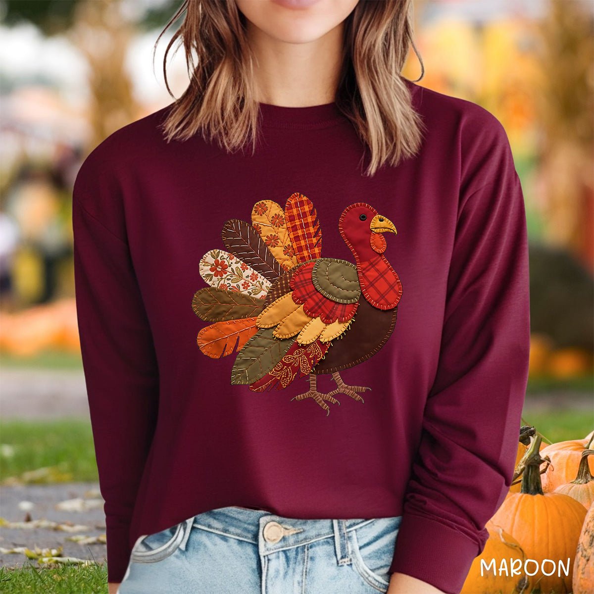 Faux Patchwork Thanksgiving Turkey Long Sleeve Tee