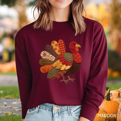 Faux Patchwork Thanksgiving Turkey Long Sleeve Tee