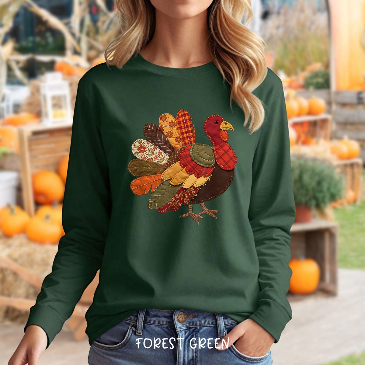 Faux Patchwork Thanksgiving Turkey Long Sleeve Tee