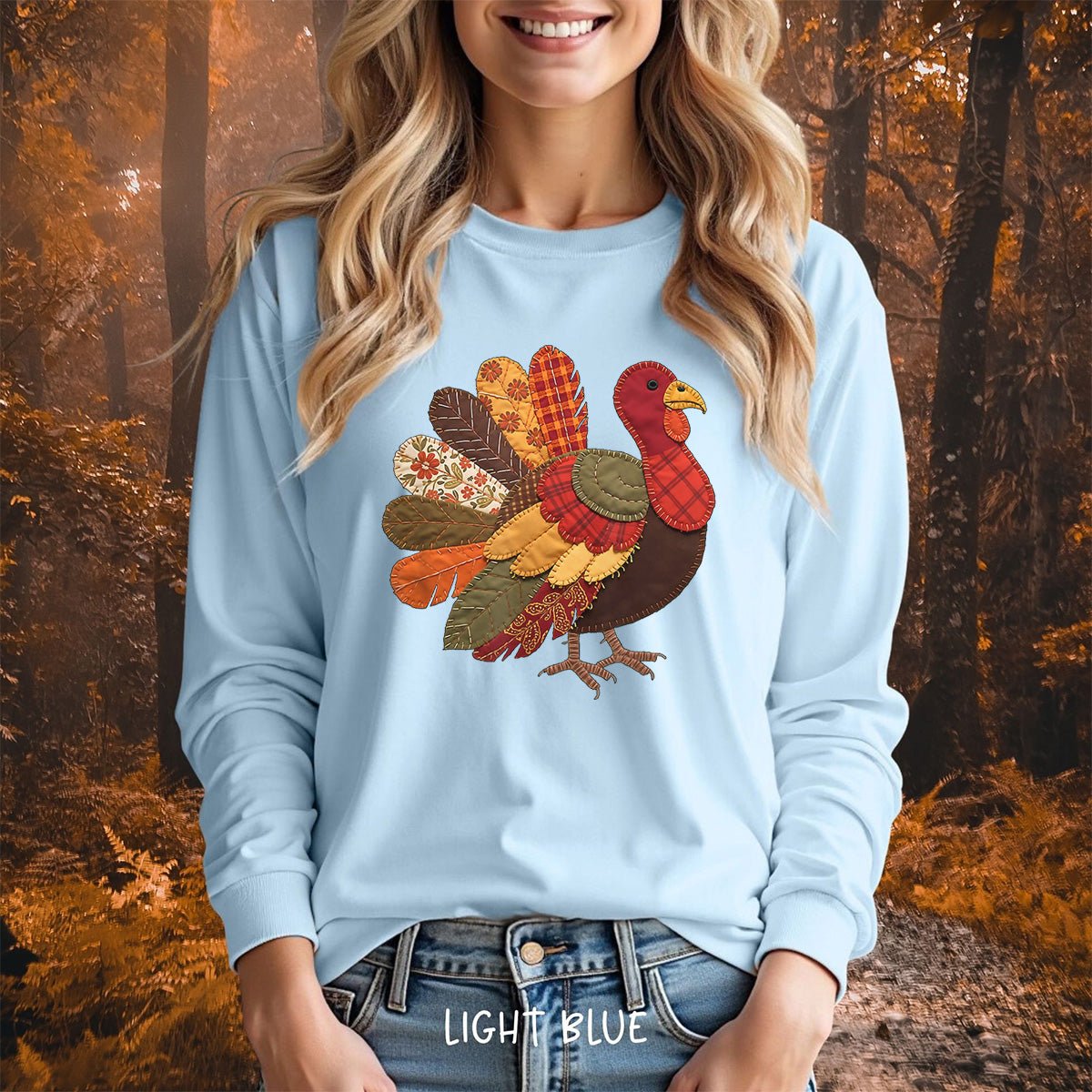 Faux Patchwork Thanksgiving Turkey Long Sleeve Tee
