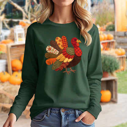 Faux Patchwork Thanksgiving Turkey Long Sleeve Tee