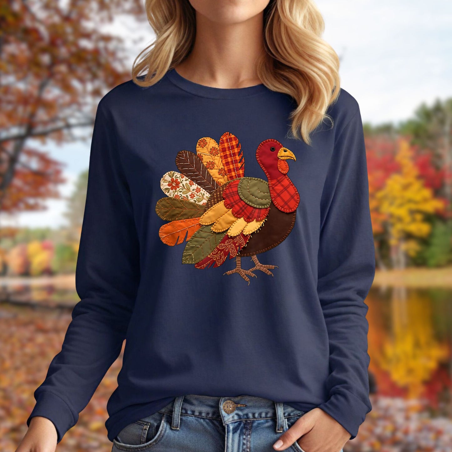 Faux Patchwork Thanksgiving Turkey Long Sleeve Tee