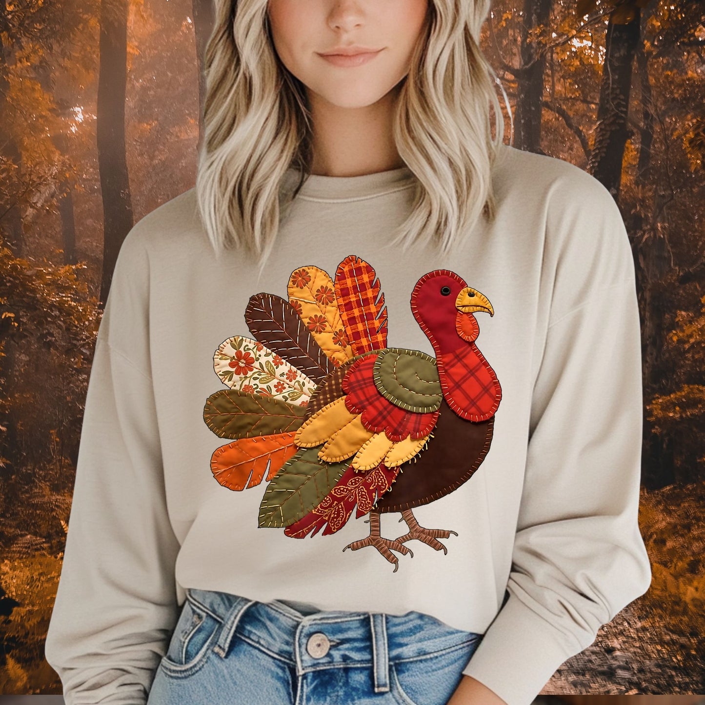 Faux Patchwork Thanksgiving Turkey Long Sleeve Tee