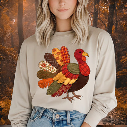 Faux Patchwork Thanksgiving Turkey Long Sleeve Tee