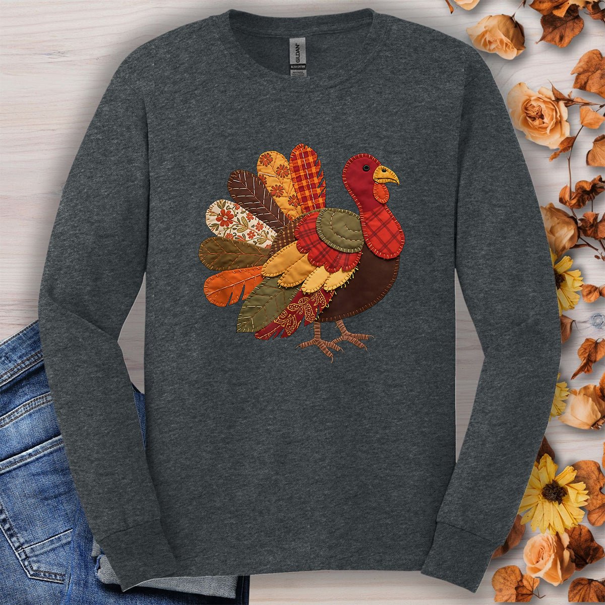 Faux Patchwork Thanksgiving Turkey Long Sleeve Tee