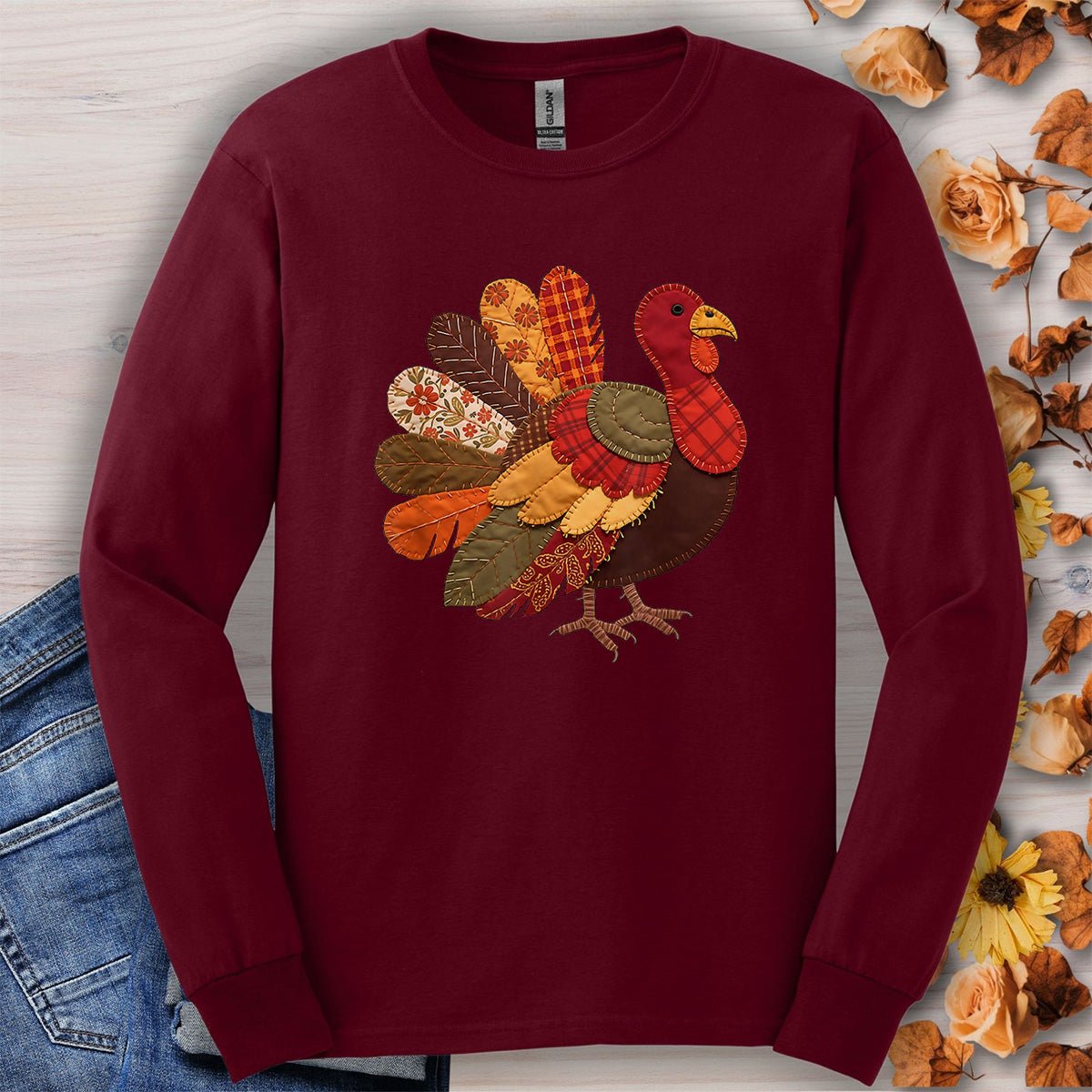 Faux Patchwork Thanksgiving Turkey Long Sleeve Tee