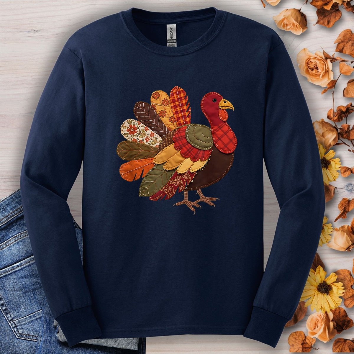 Faux Patchwork Thanksgiving Turkey Long Sleeve Tee