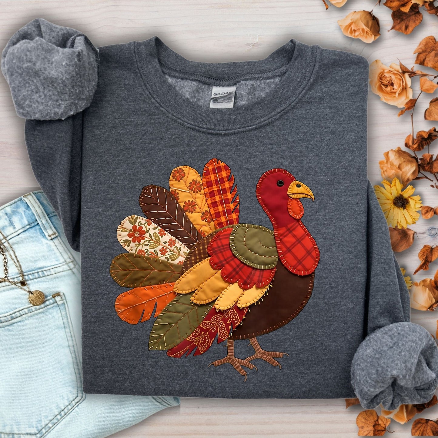 Faux Patchwork Thanksgiving Turkey Sweatshirt