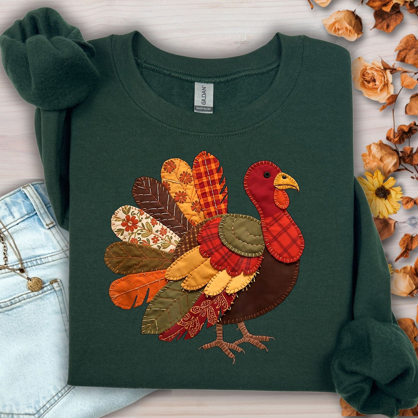 Faux Patchwork Thanksgiving Turkey Sweatshirt