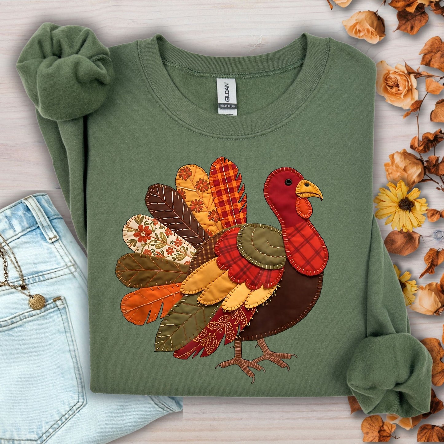 Faux Patchwork Thanksgiving Turkey Sweatshirt