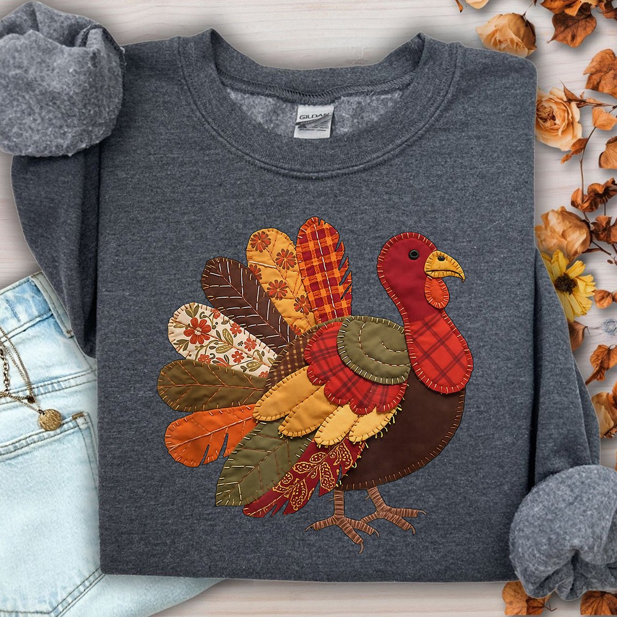 Faux Patchwork Thanksgiving Turkey Sweatshirt