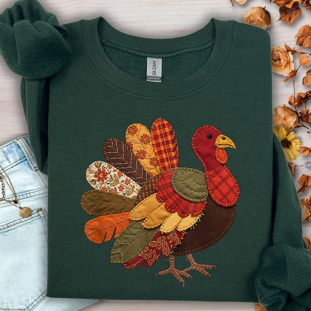 Faux Patchwork Thanksgiving Turkey Sweatshirt