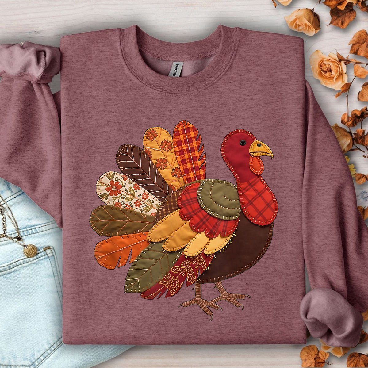 Faux Patchwork Thanksgiving Turkey Sweatshirt