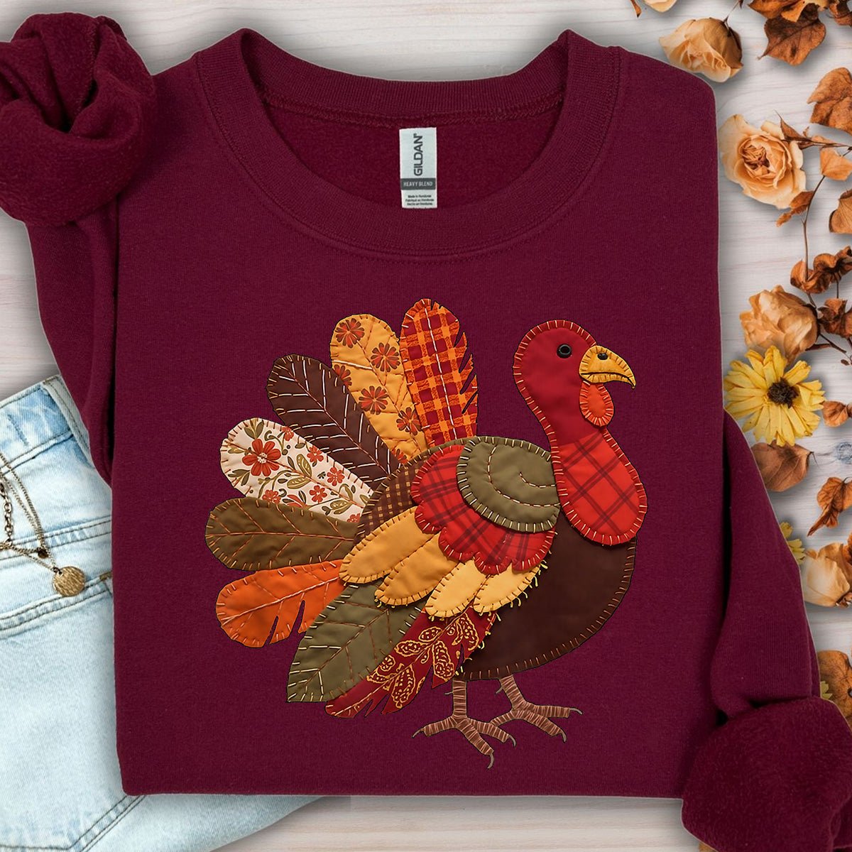 Faux Patchwork Thanksgiving Turkey Sweatshirt