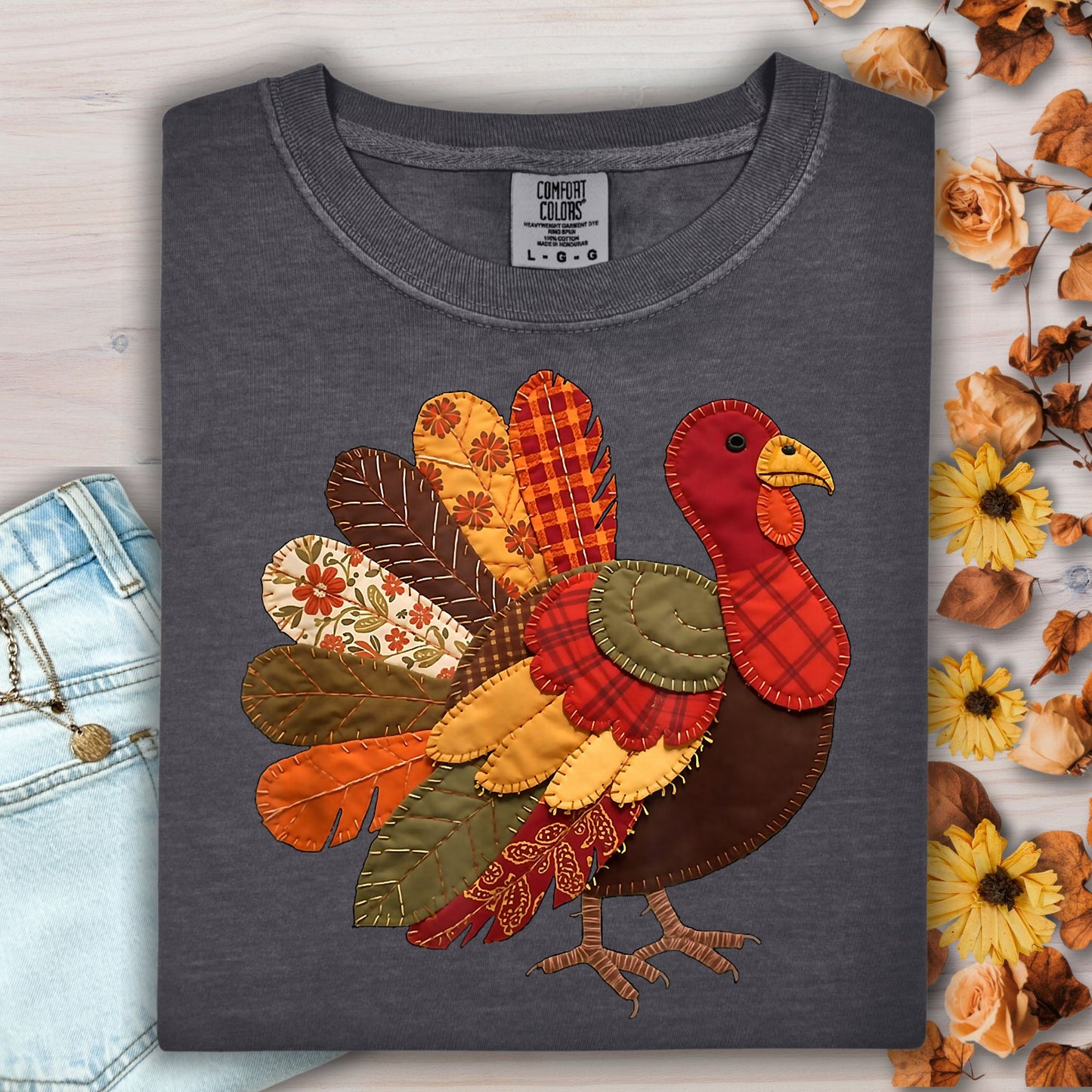 Faux Patchwork Thanksgiving Turkey T-Shirt