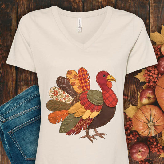 Faux Patchwork Thanksgiving Turkey V-Neck Tee