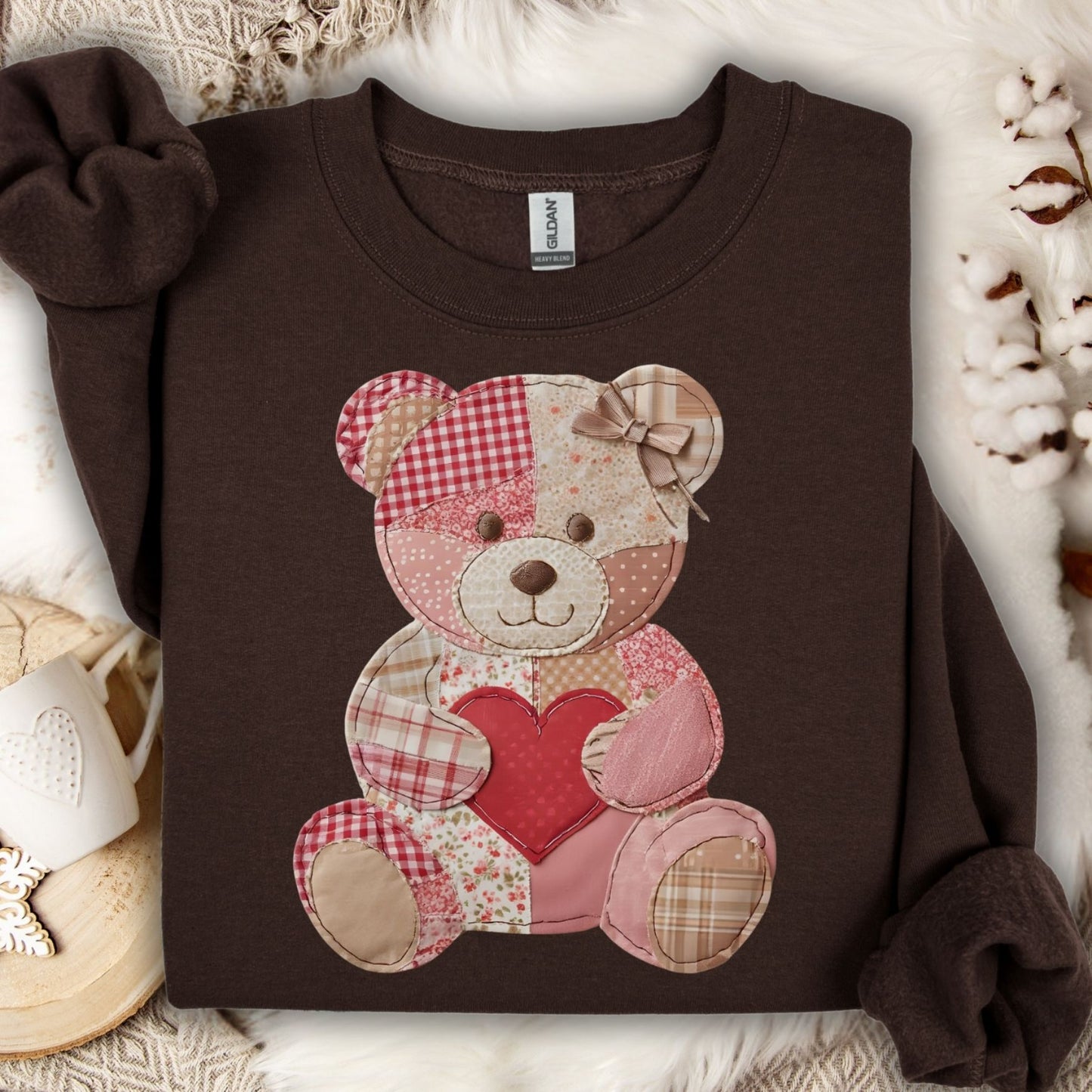 Dark Chocolate sweatshirt with a vintage patchwork teddy bear holding a red heart.