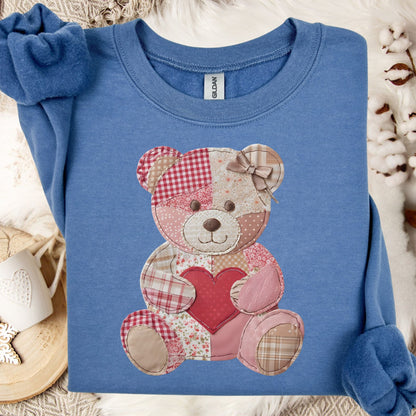 Indigo Blue Faux Patchwork Valentine Teddy Bear Heart Sweatshirt, soft cotton-poly blend.