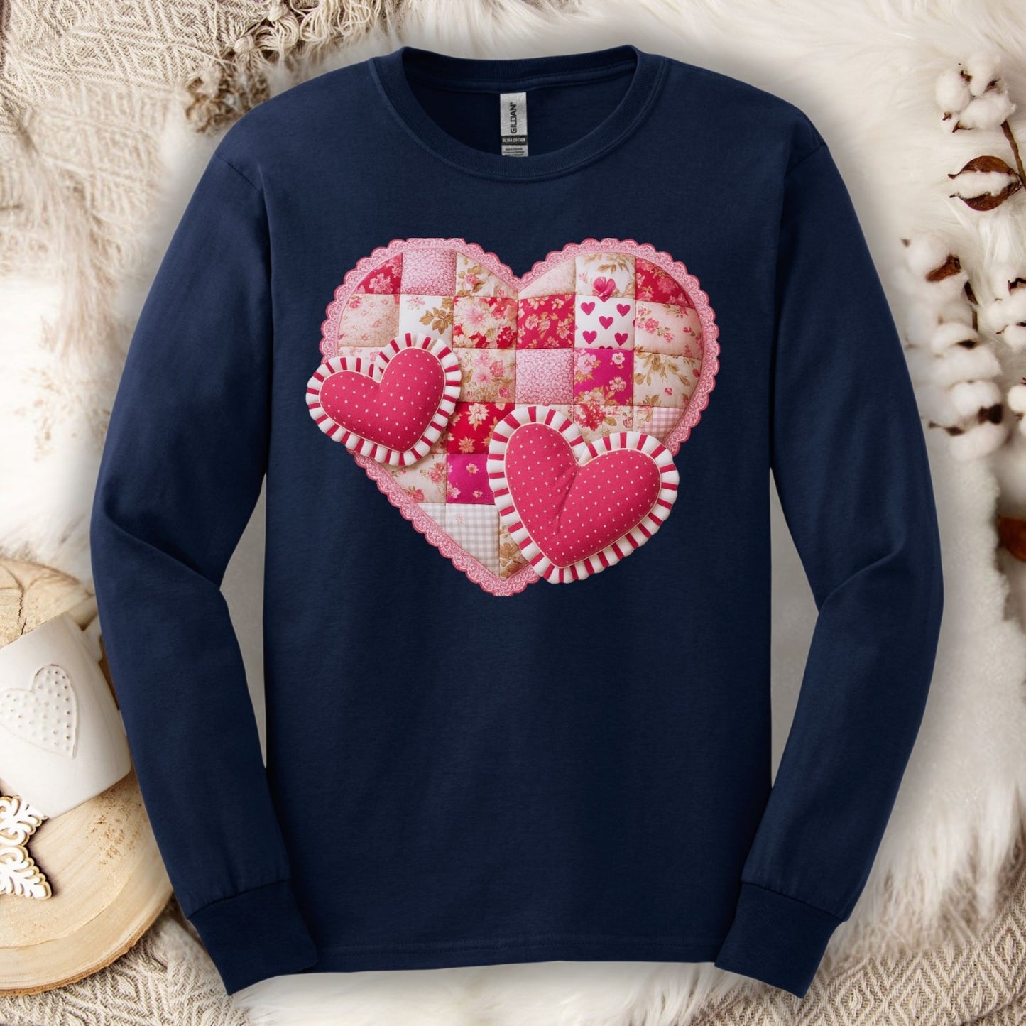 Faux Patchwork Valentine's Hearts Long Sleeve Tee