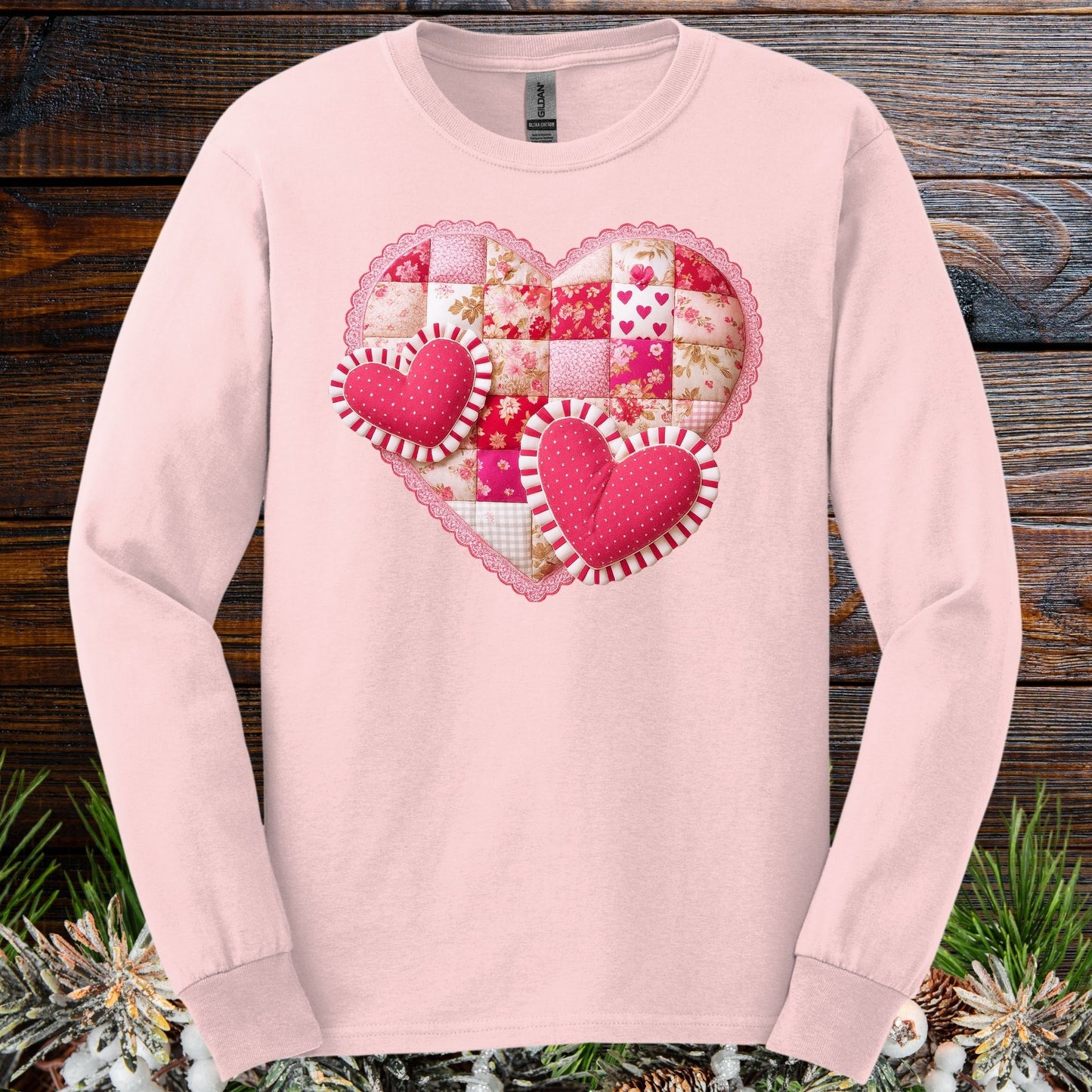 Faux Patchwork Valentine's Hearts Long Sleeve Tee