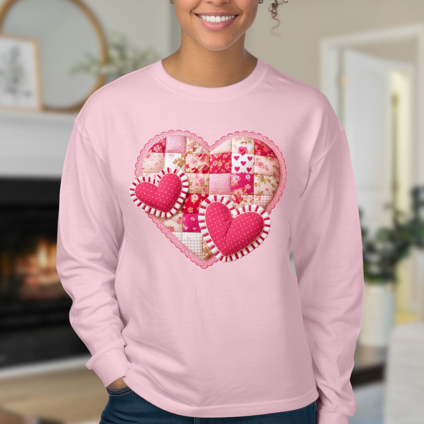 Faux Patchwork Valentine's Hearts Long Sleeve Tee