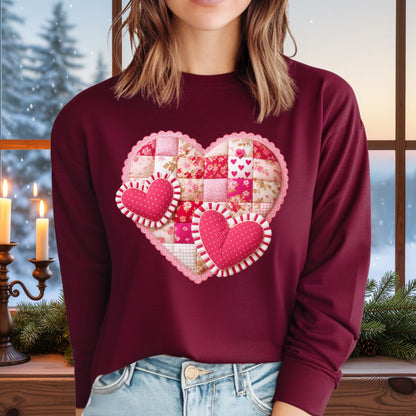 Faux Patchwork Valentine's Hearts Long Sleeve Tee