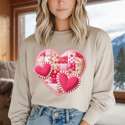 Faux Patchwork Valentine's Hearts Long Sleeve Tee
