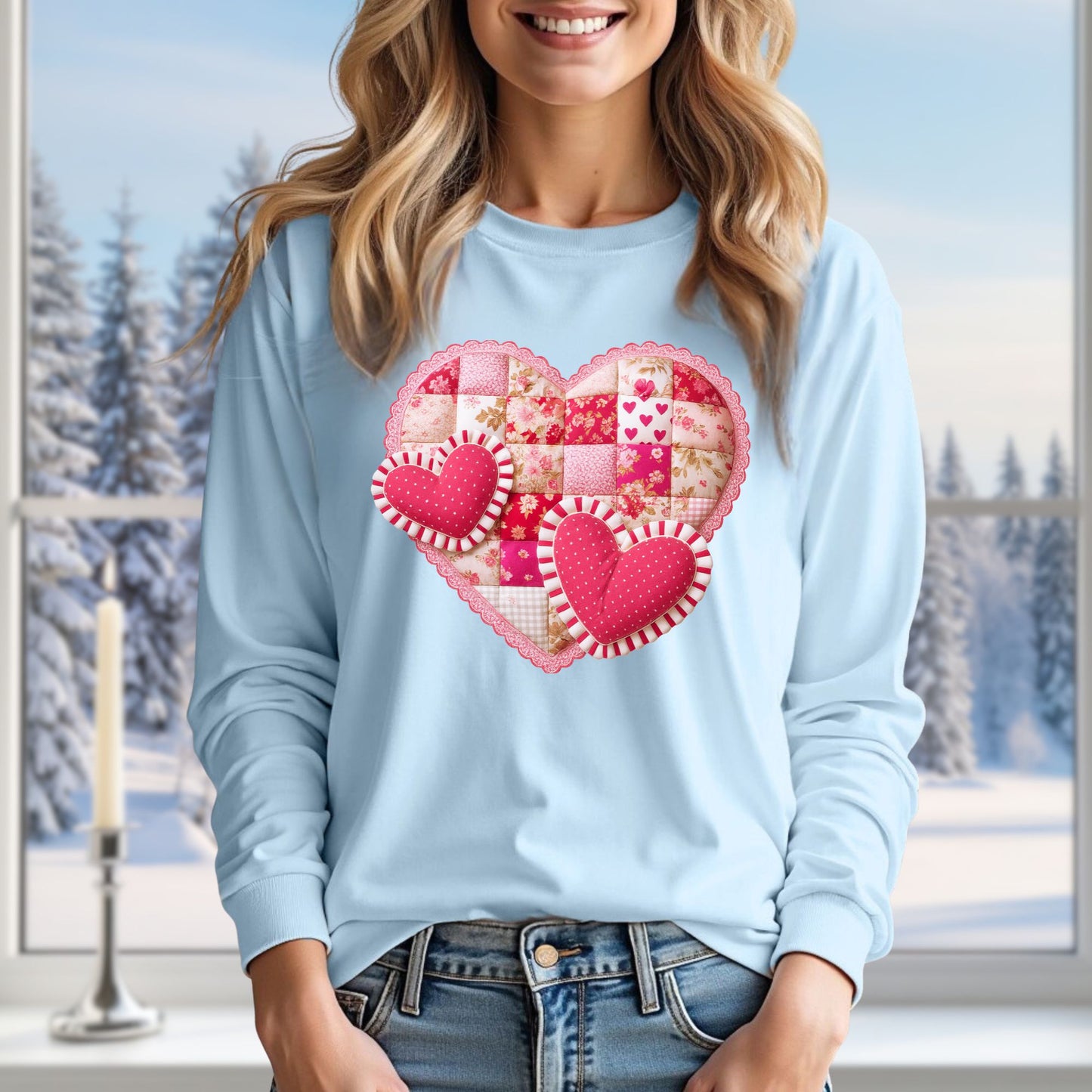 Faux Patchwork Valentine's Hearts Long Sleeve Tee