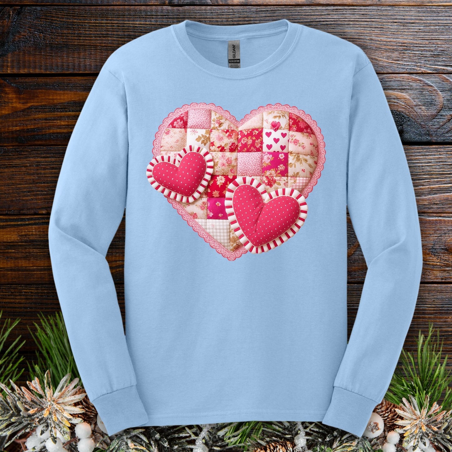 Faux Patchwork Valentine's Hearts Long Sleeve Tee