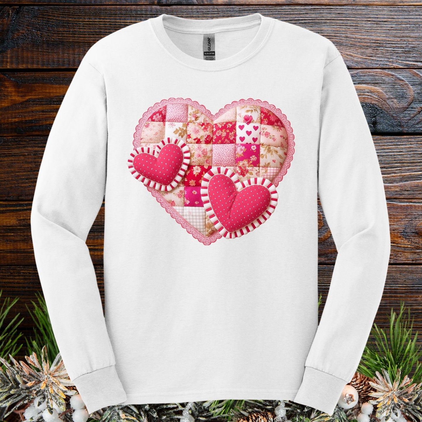 Faux Patchwork Valentine's Hearts Long Sleeve Tee