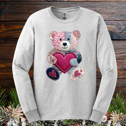 Faux Patchwork Valentine's Teddy Bear Long Sleeve Tee
