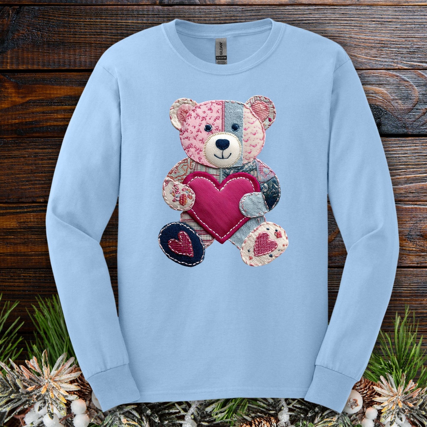 Faux Patchwork Valentine's Teddy Bear Long Sleeve Tee