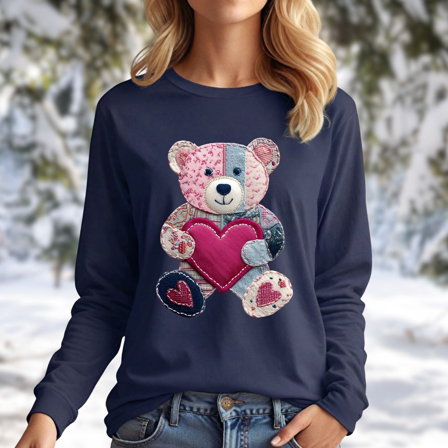 Faux Patchwork Valentine's Teddy Bear Long Sleeve Tee