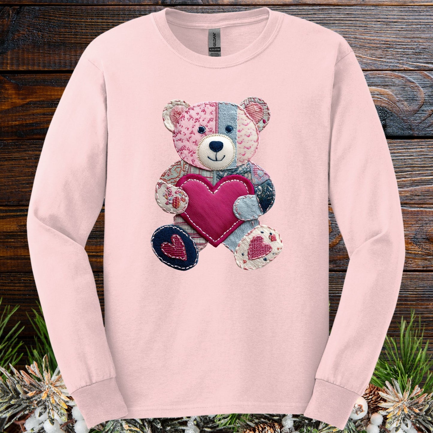 Faux Patchwork Valentine's Teddy Bear Long Sleeve Tee
