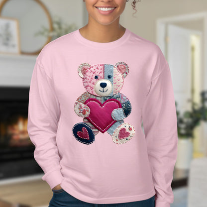 Faux Patchwork Valentine's Teddy Bear Long Sleeve Tee