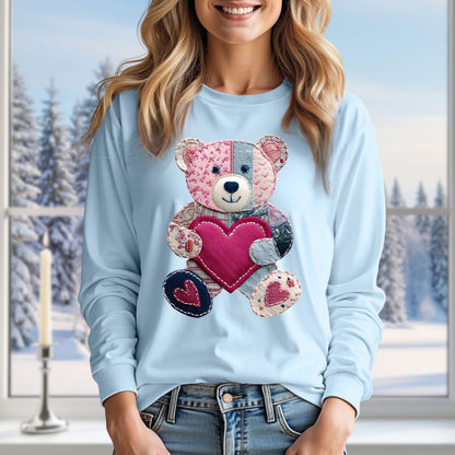 Faux Patchwork Valentine's Teddy Bear Long Sleeve Tee
